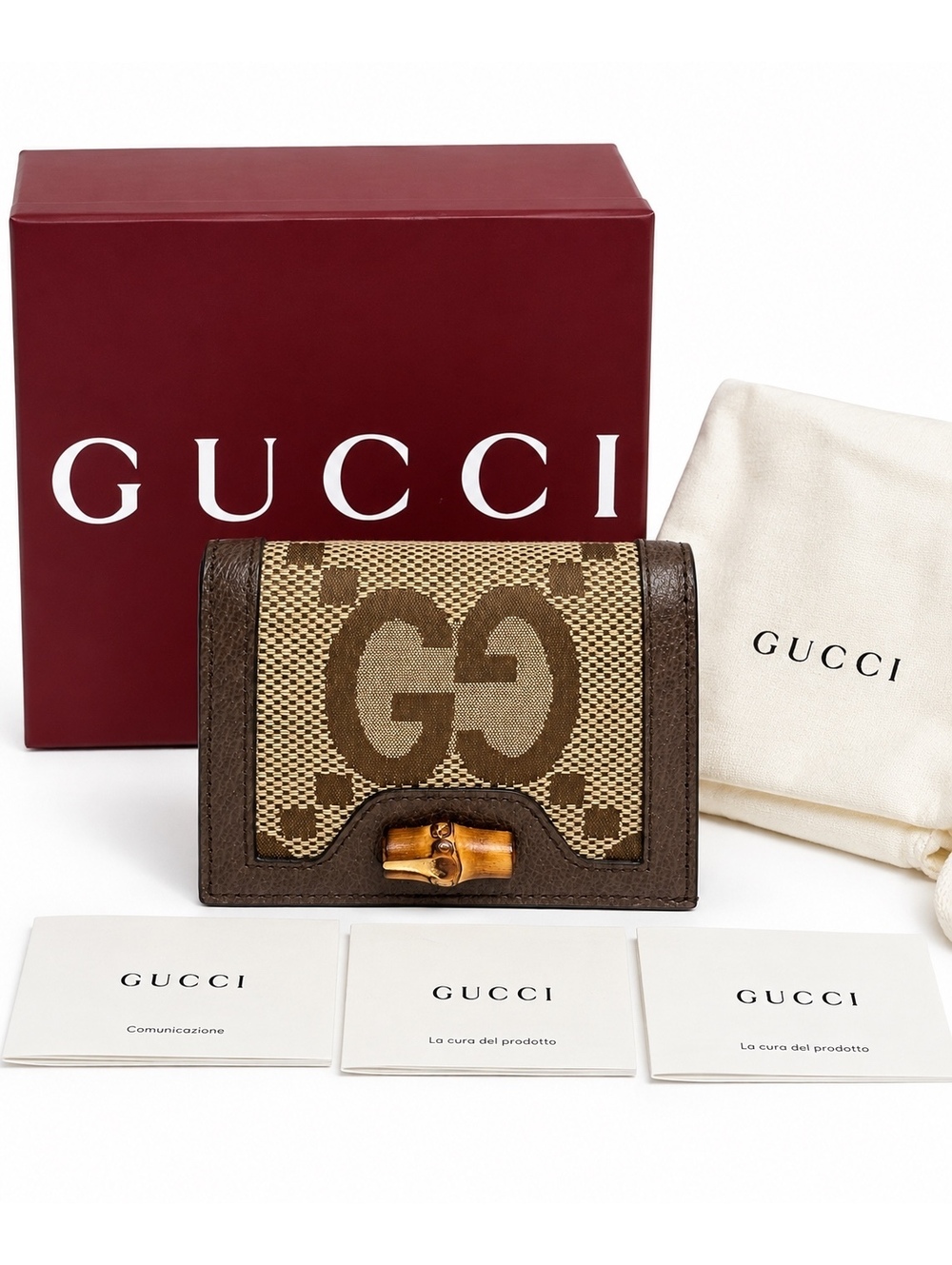 Gucci Diana Jumbo GG Card Case Wallet Camel Ebony Bamboo 658244